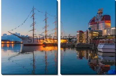 Модульная картина Великолепный парусник на закате в гавани Гётеборга (Швеция)