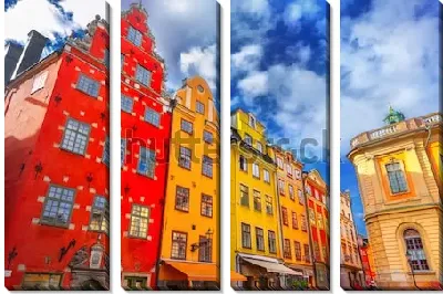 Яркие разноцветные дома на фоне синего неба в историческом центре Стокгольма