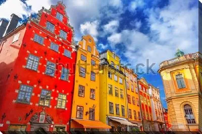 Постер Яркие разноцветные дома на фоне синего неба в историческом центре Стокгольма