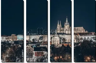 Модульная картина Ночная панорама Праги с видом на замок и Собор Святого Вита