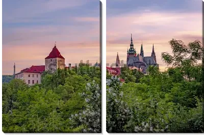 Модульная картина Красивый весенний вечер в Праге - вид на башню Далиборка и Собор Святого Вита