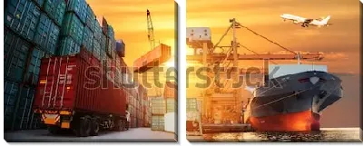 Модульная картина Яркий фото-коллаж на тему логистики и перевозки контейнерных грузов на различном транспорте