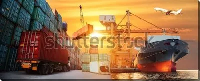 Постер Яркий фото-коллаж на тему логистики и перевозки контейнерных грузов на различном транспорте