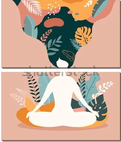 Модульная картина Красочная иллюстрация на тему духовного просветления в результате медитации - силуэт йога в позе лотоса на фоне различных листьев и растений