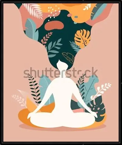 Красочная иллюстрация на тему духовного просветления в результате медитации - силуэт йога в позе лотоса на фоне различных листьев и растений