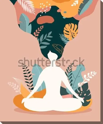 Красочная иллюстрация на тему духовного просветления в результате медитации - силуэт йога в позе лотоса на фоне различных листьев и растений