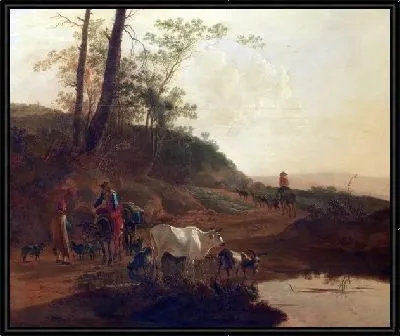 Картина Мужчина с крупным рогатым скотом у водопоя (Men with an Ox and Cattle by a Pool)