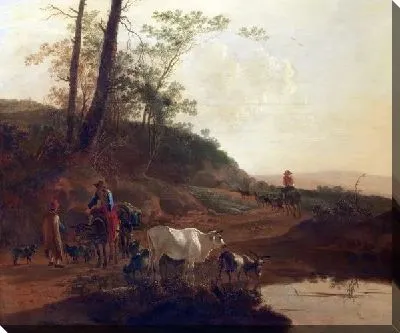 Картина маслом Мужчина с крупным рогатым скотом у водопоя (Men with an Ox and Cattle by a Pool)