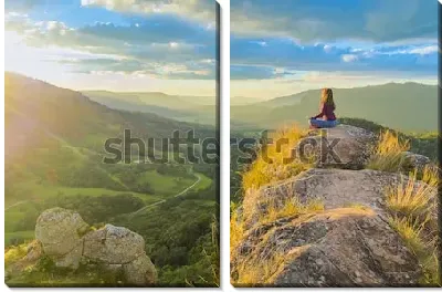 Модульная картина Девушка медитирует на вершине скалы с видом на великолепную горную долину в лучах рассветного солнца