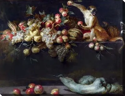 Картина Натюрморт с фруктами и двумя обезьянами (Still Life of Fruit and Vegetables with Two Monkeys)
