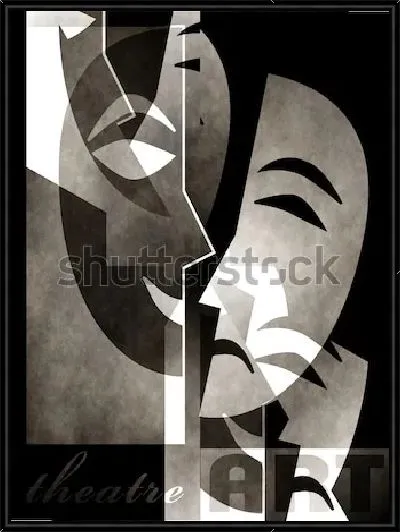 Картина Театральный плакат с масками комедии и трагедии в винтажном стиле