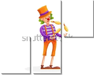 Модульная картина Смешной клоун в полосатом костюме и цилиндре жонглирует булавами