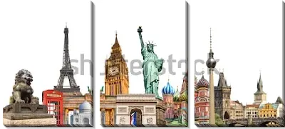 Модульная картина Яркий коллаж на тему туризма и путешествий с памятниками архитектуры городов мира на белом фоне