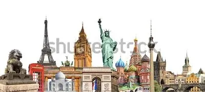 Плакат Яркий коллаж на тему туризма и путешествий с памятниками архитектуры городов мира на белом фоне