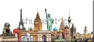 Постер Яркий коллаж на тему туризма и путешествий с памятниками архитектуры городов мира на белом фоне