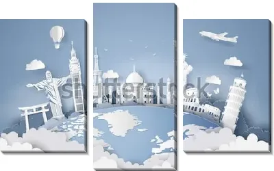 Модульная картина Композиция на  тему туризма с памятниками мировой культуры на земном шаре