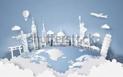 Плакат Композиция на  тему туризма с памятниками мировой культуры на земном шаре