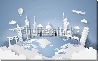 Постер Композиция на  тему туризма с памятниками мировой культуры на земном шаре