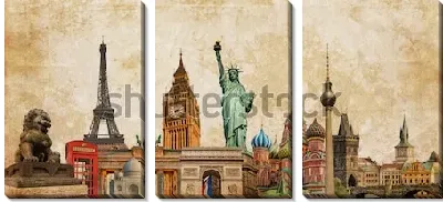 Модульная картина Коллаж на тему туризма и путешествий с достопримечательностями мировой культуры на винтажном фоне