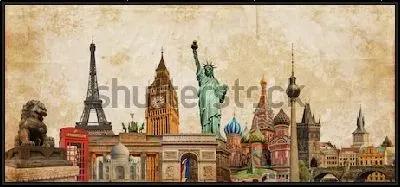 Картина Коллаж на тему туризма и путешествий с достопримечательностями мировой культуры на винтажном фоне