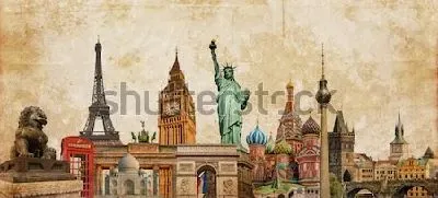 Плакат Коллаж на тему туризма и путешествий с достопримечательностями мировой культуры на винтажном фоне