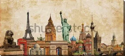 Постер Коллаж на тему туризма и путешествий с достопримечательностями мировой культуры на винтажном фоне