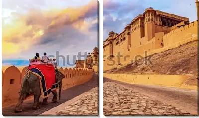 Модульная картина Туристическая прогулка на слоне по историческим достопримечательностям Раджастана (Индия)