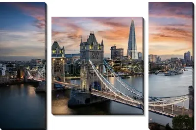 Модульная картина Туристическая достопримечательность Лондона - Тауэрский мост с видом на небоскребы