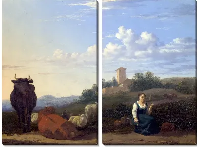 Картина Женщина с домашним скотом (A Woman with Cattle and Sheep in an Italian Landscape)