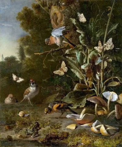Картина Птицы, бабочки и лягушка среди растений и грибов (Birds, Butterflies and a Frog among Plants and Fungi)