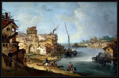 Люди рядом с рекой (Buildings and Figures near a River with Shipping)