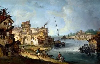 Люди рядом с рекой (Buildings and Figures near a River with Shipping)