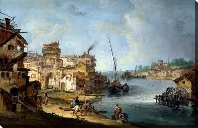 Картина Люди рядом с рекой (Buildings and Figures near a River with Shipping)