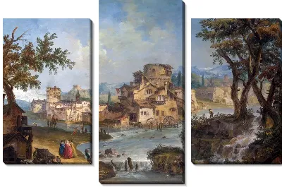Картина Здания возле реки с порогами (Buildings and Figures near a River with Rapids)