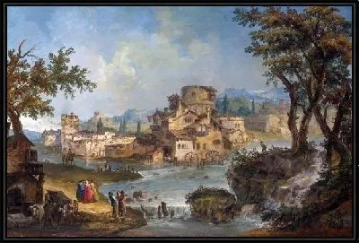 Картина Здания возле реки с порогами (Buildings and Figures near a River with Rapids)