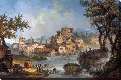 Картина Здания возле реки с порогами (Buildings and Figures near a River with Rapids)