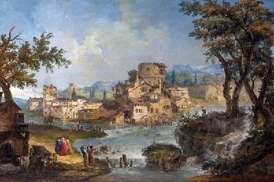 Картина Здания возле реки с порогами (Buildings and Figures near a River with Rapids)