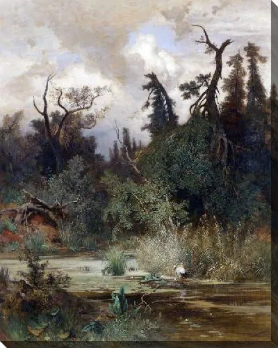 Картина маслом Болото и аист