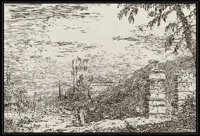 Картина Пейзаж с башней и двумя разрушенными колоннами [слева]