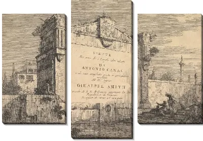 Картина Табличка с надписью «Vedute altre prese da i luoghi altre ideate» с заголовком и публикацией, вписанной в настенную табличку на краю канала