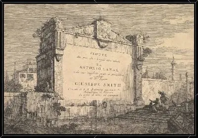 Картина Табличка с надписью «Vedute altre prese da i luoghi altre ideate» с заголовком и публикацией, вписанной в настенную табличку на краю канала