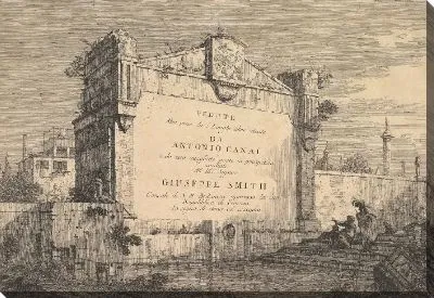 Картина Табличка с надписью «Vedute altre prese da i luoghi altre ideate» с заголовком и публикацией, вписанной в настенную табличку на краю канала