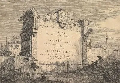 Картина Табличка с надписью «Vedute altre prese da i luoghi altre ideate» с заголовком и публикацией, вписанной в настенную табличку на краю канала