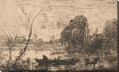 Картина Виль д Аврей: лодочник на пруду (вечер)