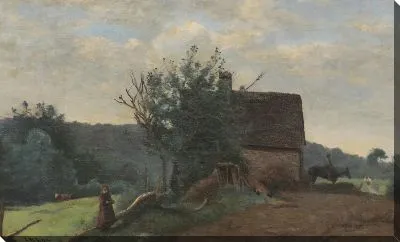 Картина Фермерский двор с всадником и маленькой девочкой на переднем плане