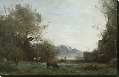 Картина Крупный рогатый скот на пастбище в лесистой долине