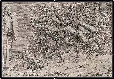 Голые лучники стреляют по цели, прикрепленной к ней, Купидон спит внизу, возможно, аллегория, связанная с пороком