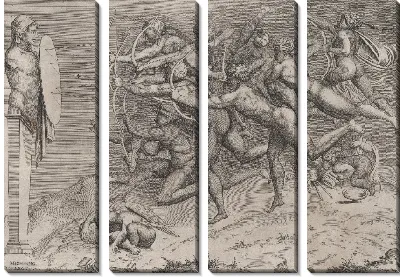 Голые лучники стреляют по цели, прикрепленной к ней, Купидон спит внизу, возможно, аллегория, связанная с пороком