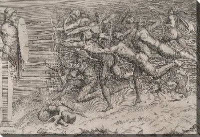 Голые лучники стреляют по цели, прикрепленной к ней, Купидон спит внизу, возможно, аллегория, связанная с пороком