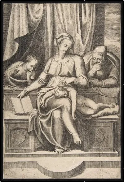 Картина Мадонна с младенцем и святыми Иосифом и Иоанном Крестителем (по мотивам мадонны дель Силенцио Микеланджело)